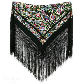 Shawl 100% Silk - Special Shawl Birds on Black