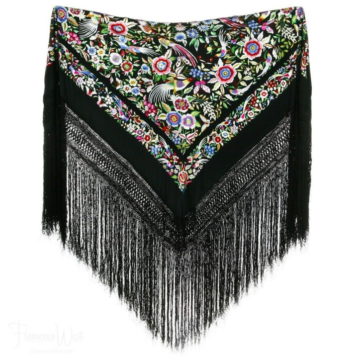 Shawl 100% Silk - Special Shawl Birds on Black